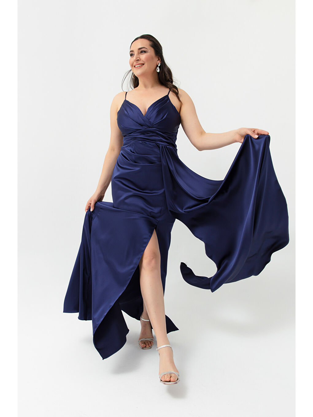 Kadın Lacivert Büyük Beden Uzun Saten Abiye Elbise & Mezuniyet Elbisesi-2