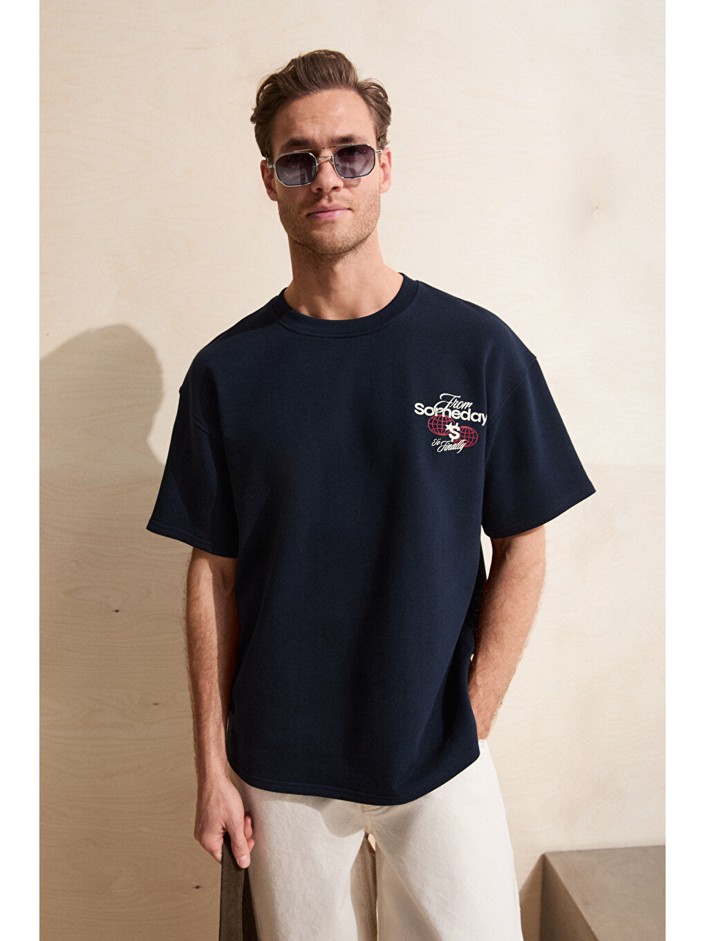 Lacivert DUKI Erkek Bisiklet Yaka Organik Pamuklu Baskılı Oversıze LACİVERT T-Shirt-2