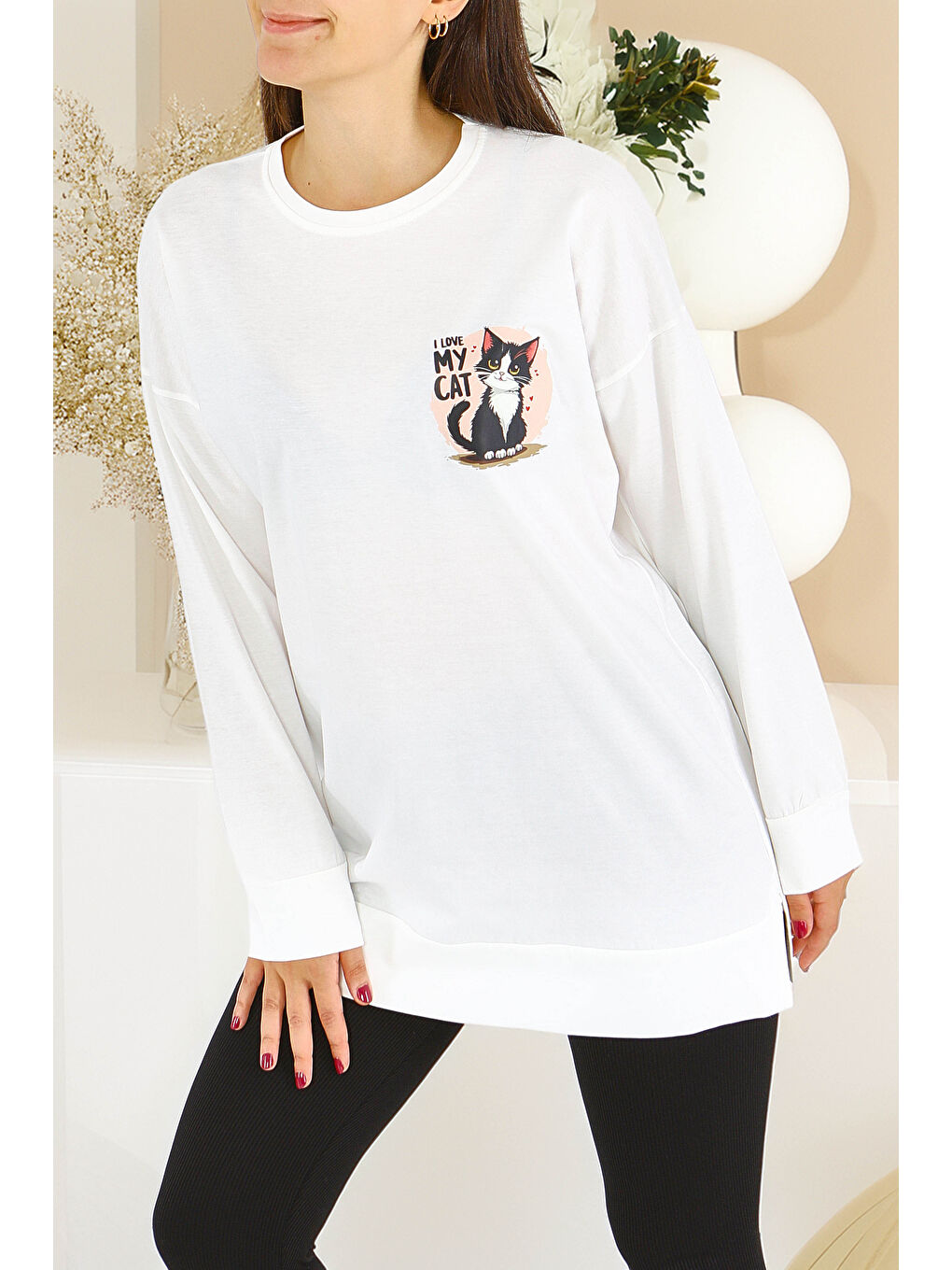 Uzun Kollu Baskılı Süprem Tunik Beyaz - 27585