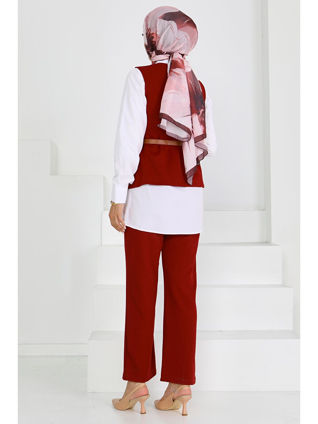 Kemerli Yelek Pantolon Mira Takım Bordo - 27612-5