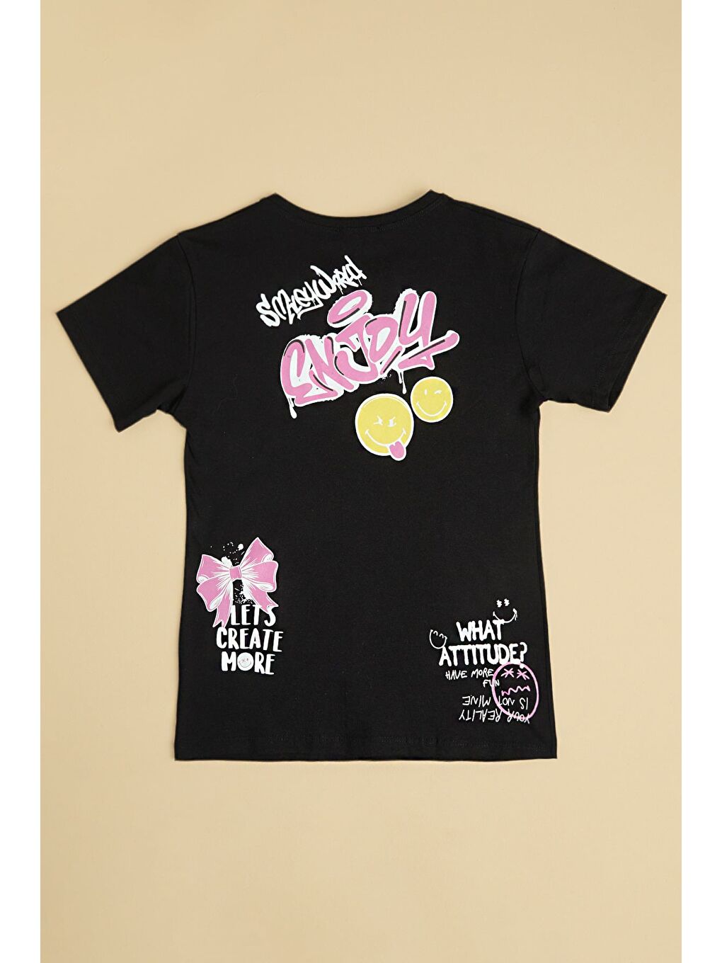 Siyah Enjoy Yazı Baskılı Kız Çocuk Tişört-1