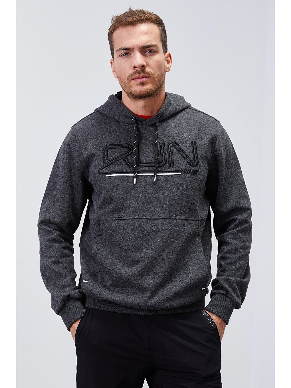 Antrasit Melanj Yazı Nakışlı Standart Kalıp Kapüşonlu  Erkek Hoodie - 87887-4