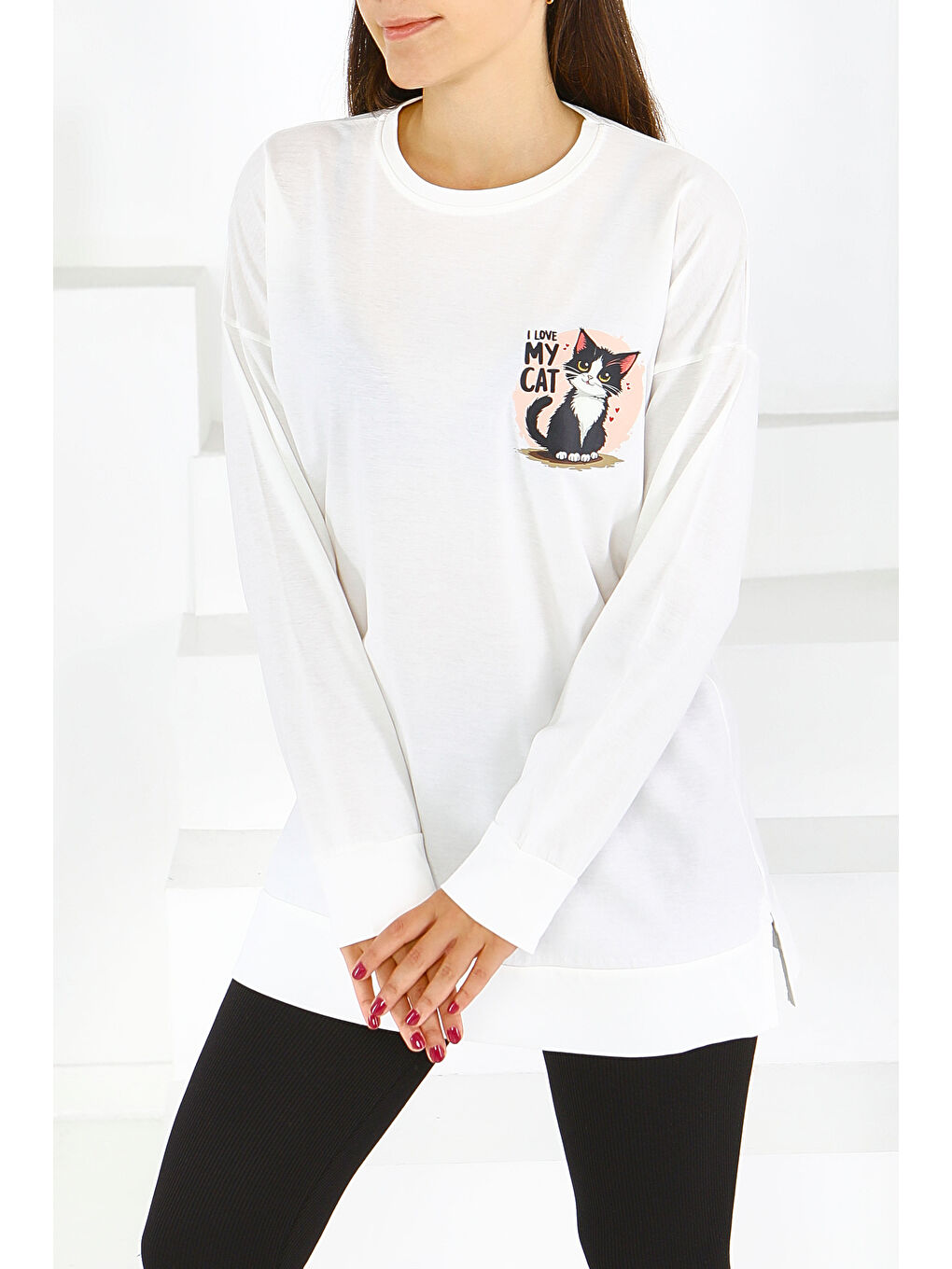 Uzun Kollu Baskılı Süprem Tunik Beyaz - 27585-1