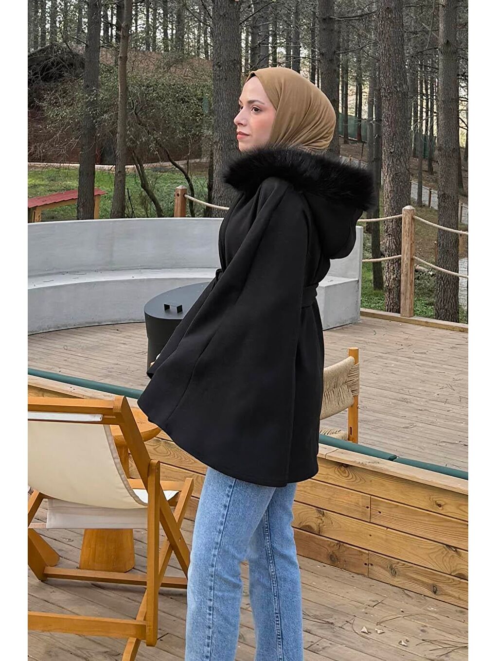 Kapüşonlu Panço Siyah-2