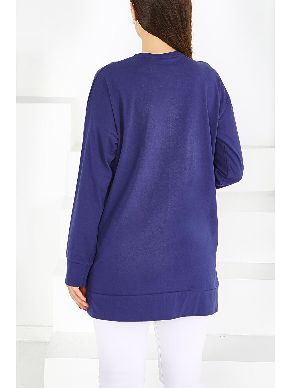 Uzun Kollu Baskılı Süprem Tunik Lacivert - 27586-3
