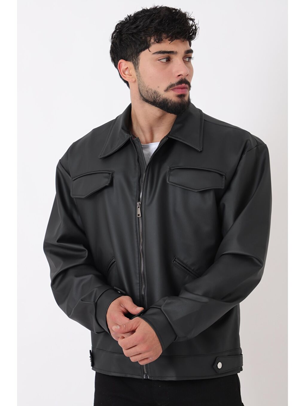 Siyah Cep Detay Dik Yaka Suni Deri Mont Bl 1848_50455-4