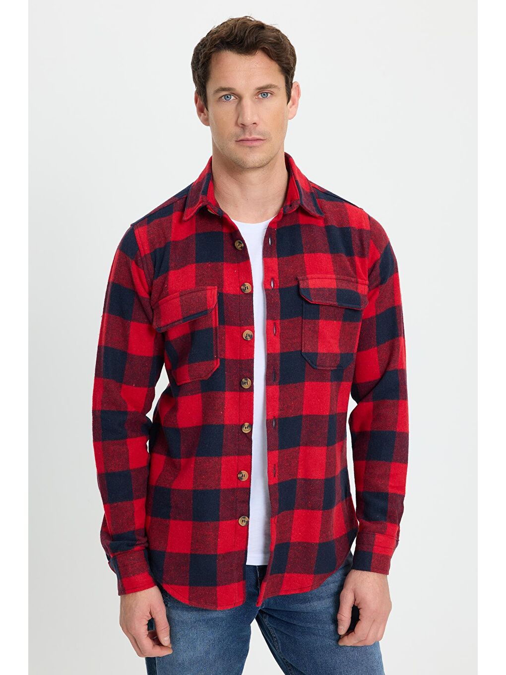 Karışık Erkek Slim Fit Dar Kesim Uzun Kollu Kapaklı Çift Cepli Kareli Kışlık Oduncu Gömlek-1