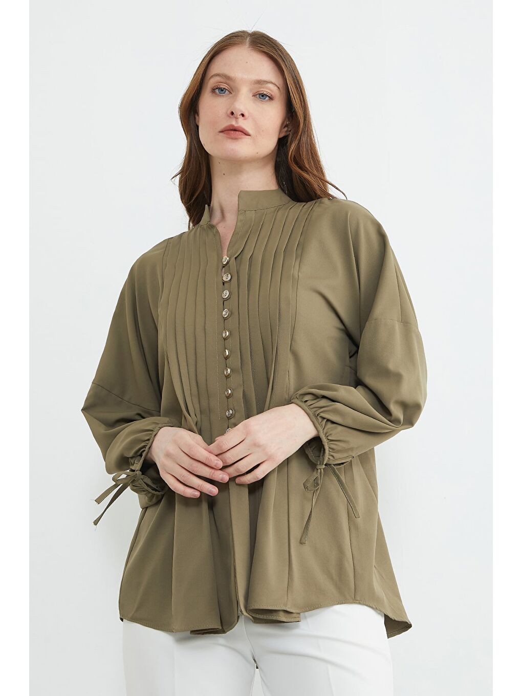 Yeşil Fullamodest Pileli Kolu Bağlamalı Gömlek-1