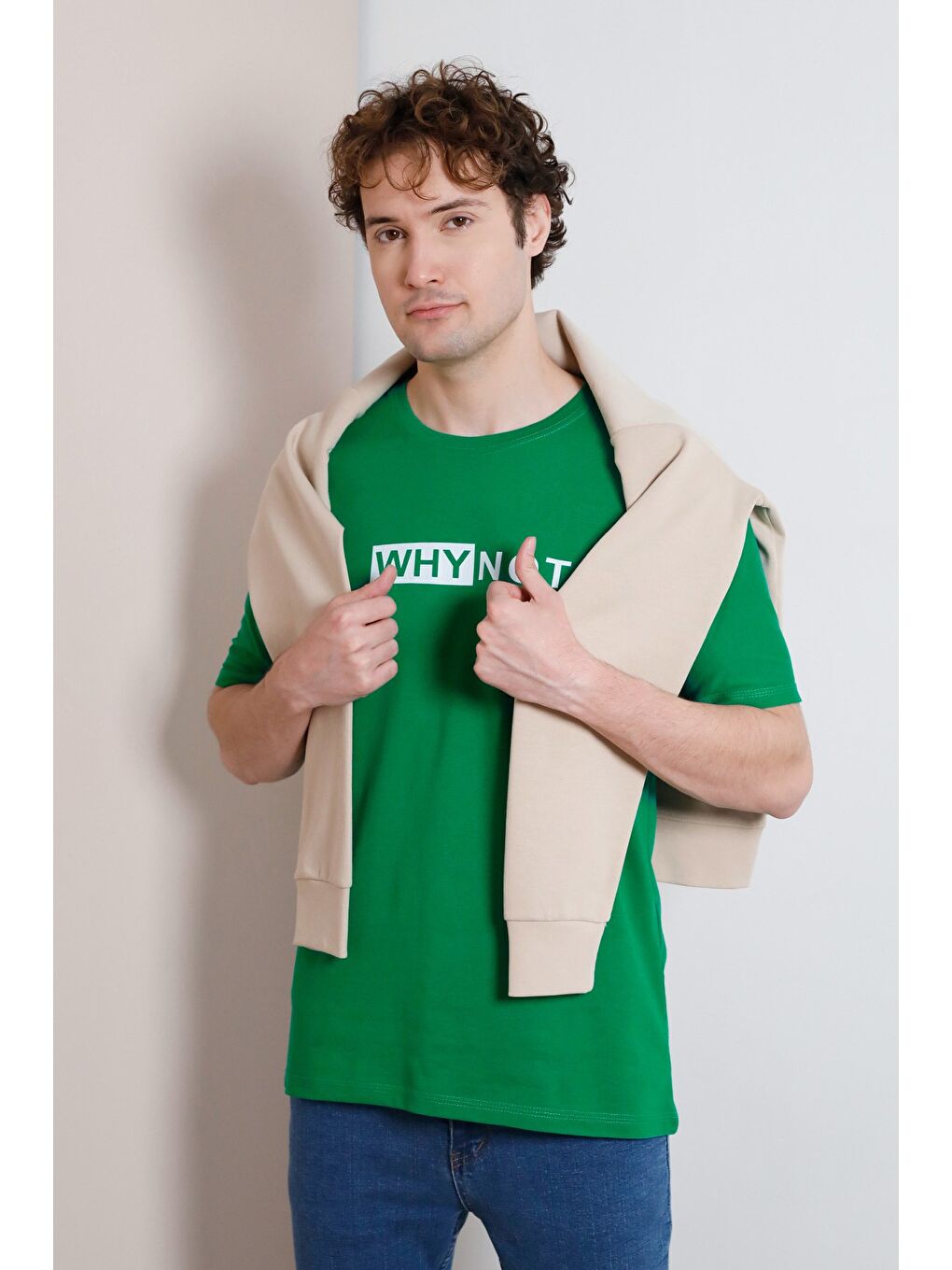 Yeşil Why Not Yazı Baskılı Bisiklet Yaka Tişört-1