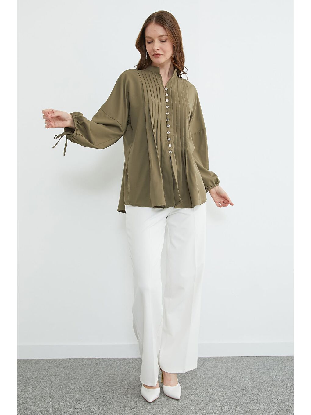 Yeşil Fullamodest Pileli Kolu Bağlamalı Gömlek-2