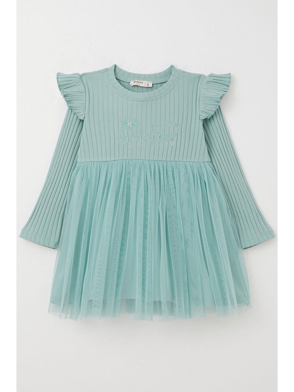 Turkuaz Kız Çocuk Uzun Kollu Elbise Yazı Nakışlı Mint Yeşili (1.5-5 Yaş)