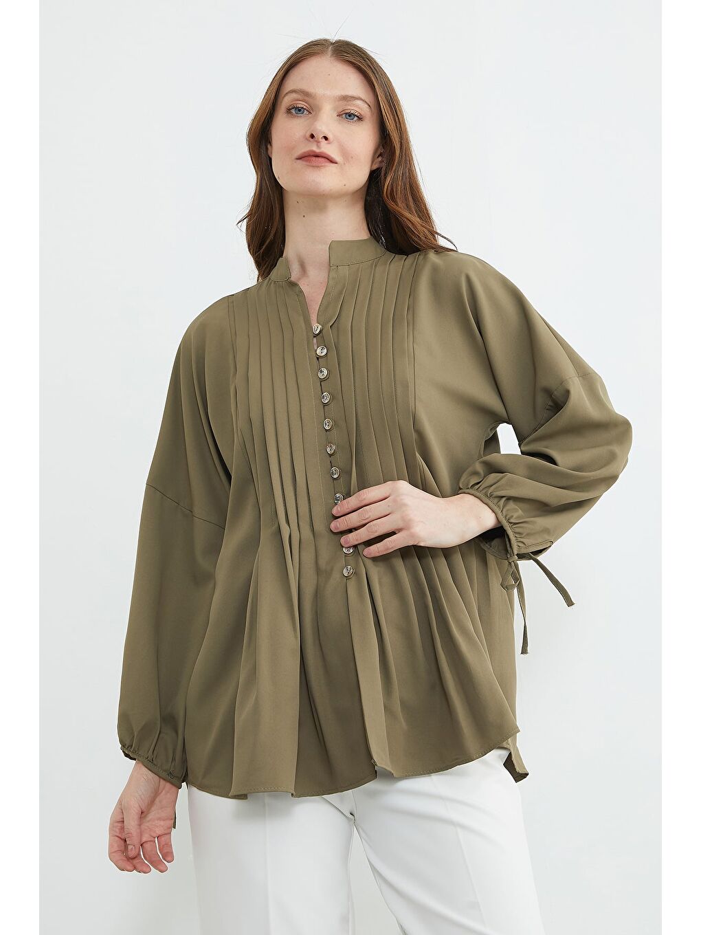 Yeşil Fullamodest Pileli Kolu Bağlamalı Gömlek-3