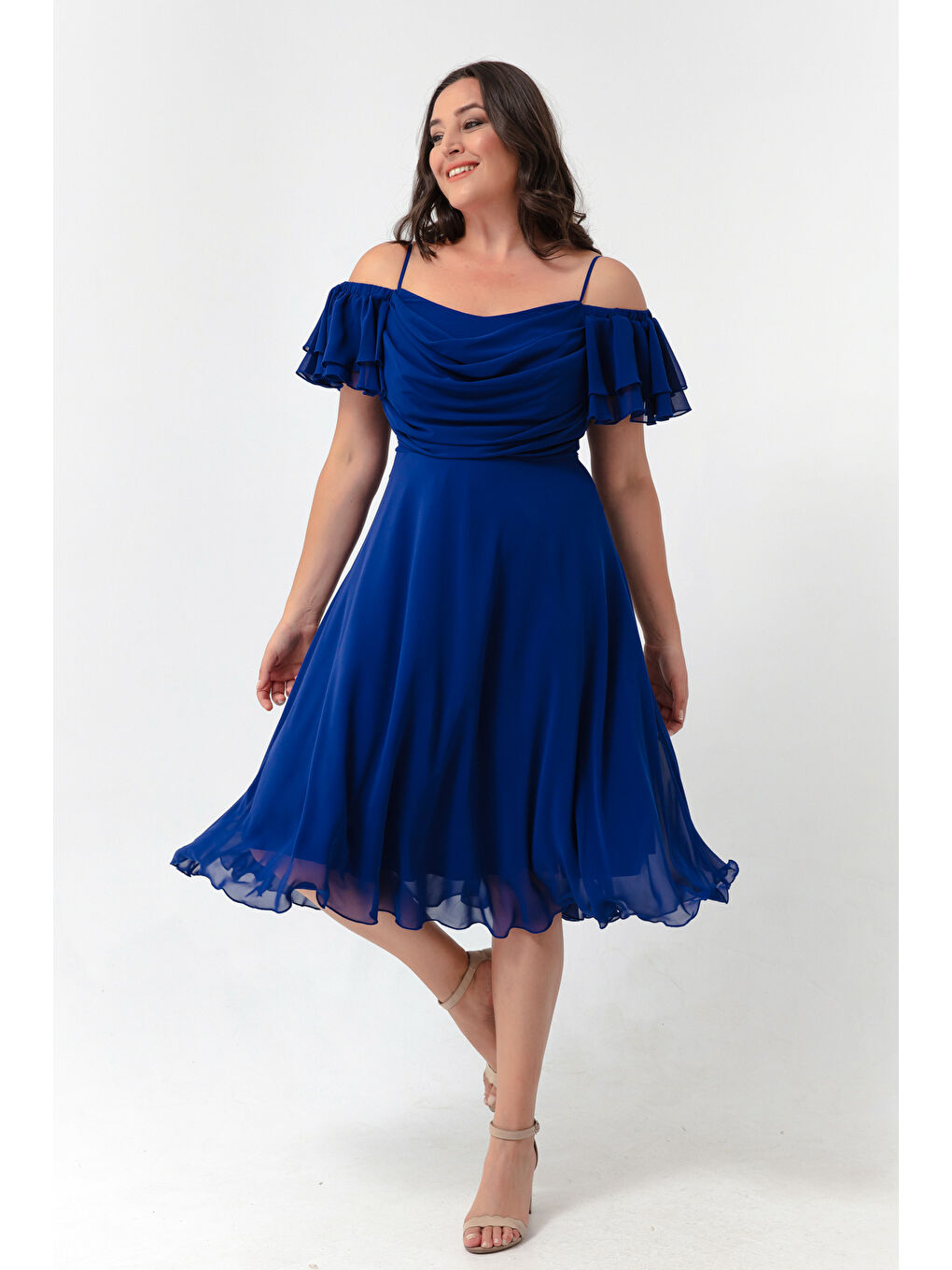 Mavi Kadın Saks Askılı Kloş Kesim Midi Büyük Beden Abiye Elbise