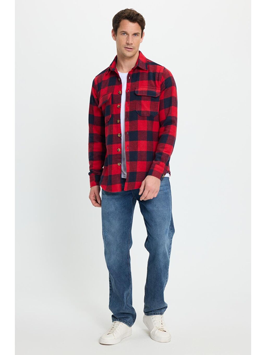 Karışık Erkek Slim Fit Dar Kesim Uzun Kollu Kapaklı Çift Cepli Kareli Kışlık Oduncu Gömlek-3