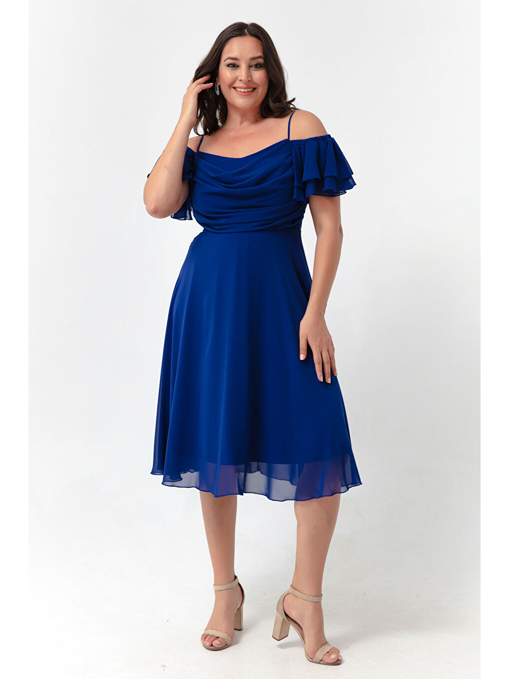 Mavi Kadın Saks Askılı Kloş Kesim Midi Büyük Beden Abiye Elbise-1