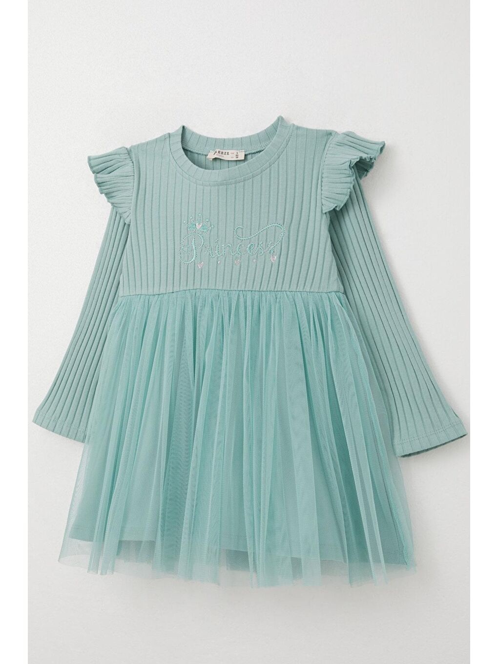 Turkuaz Kız Çocuk Uzun Kollu Elbise Yazı Nakışlı Mint Yeşili (1.5-5 Yaş)-2