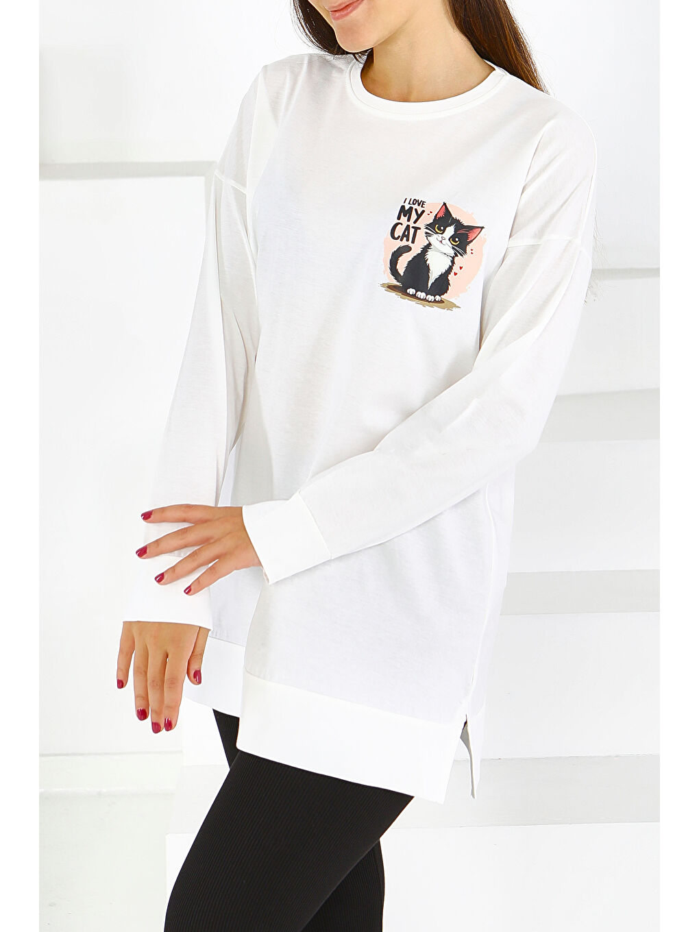 Uzun Kollu Baskılı Süprem Tunik Beyaz - 27585-2