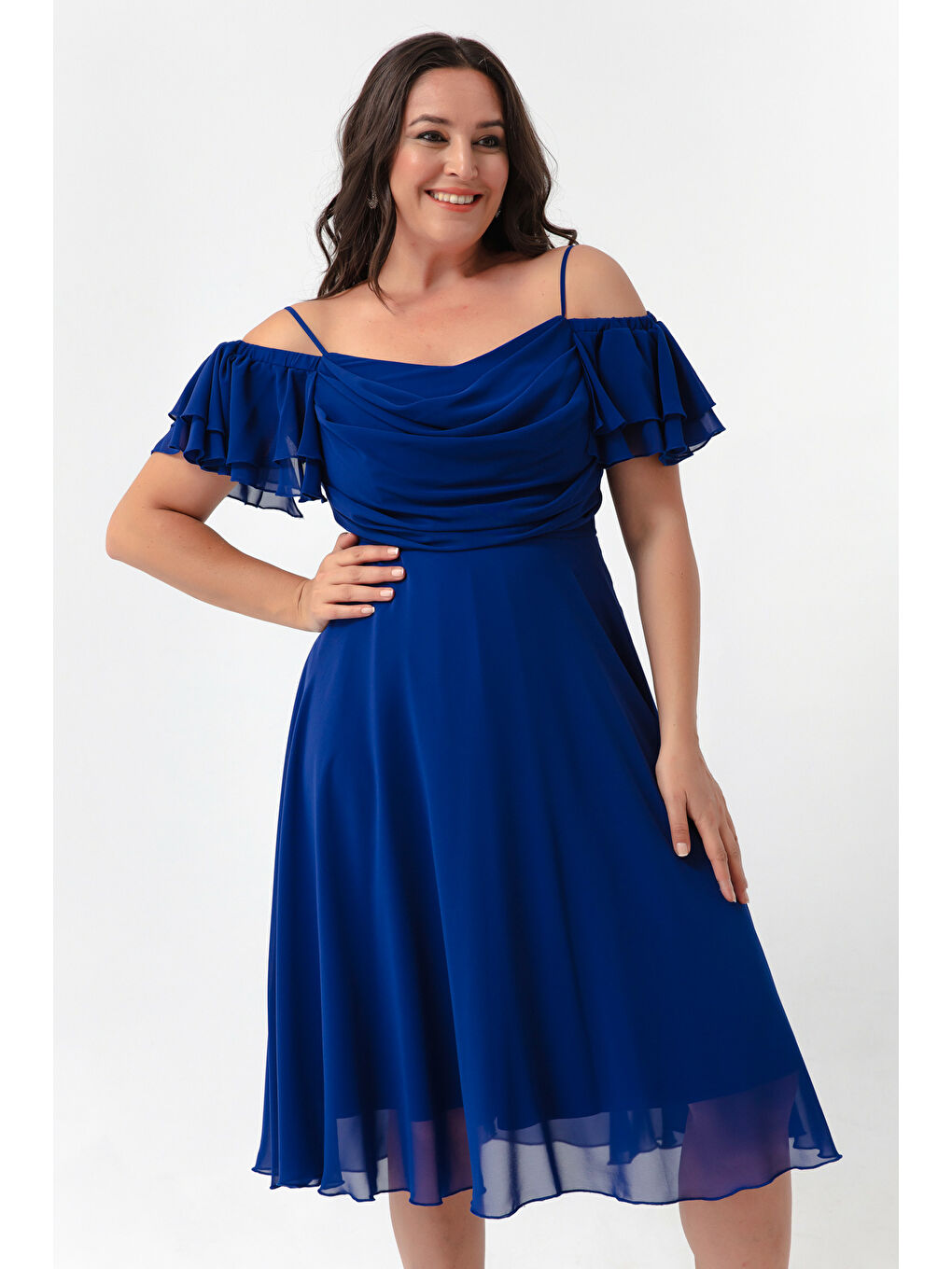 Mavi Kadın Saks Askılı Kloş Kesim Midi Büyük Beden Abiye Elbise-2