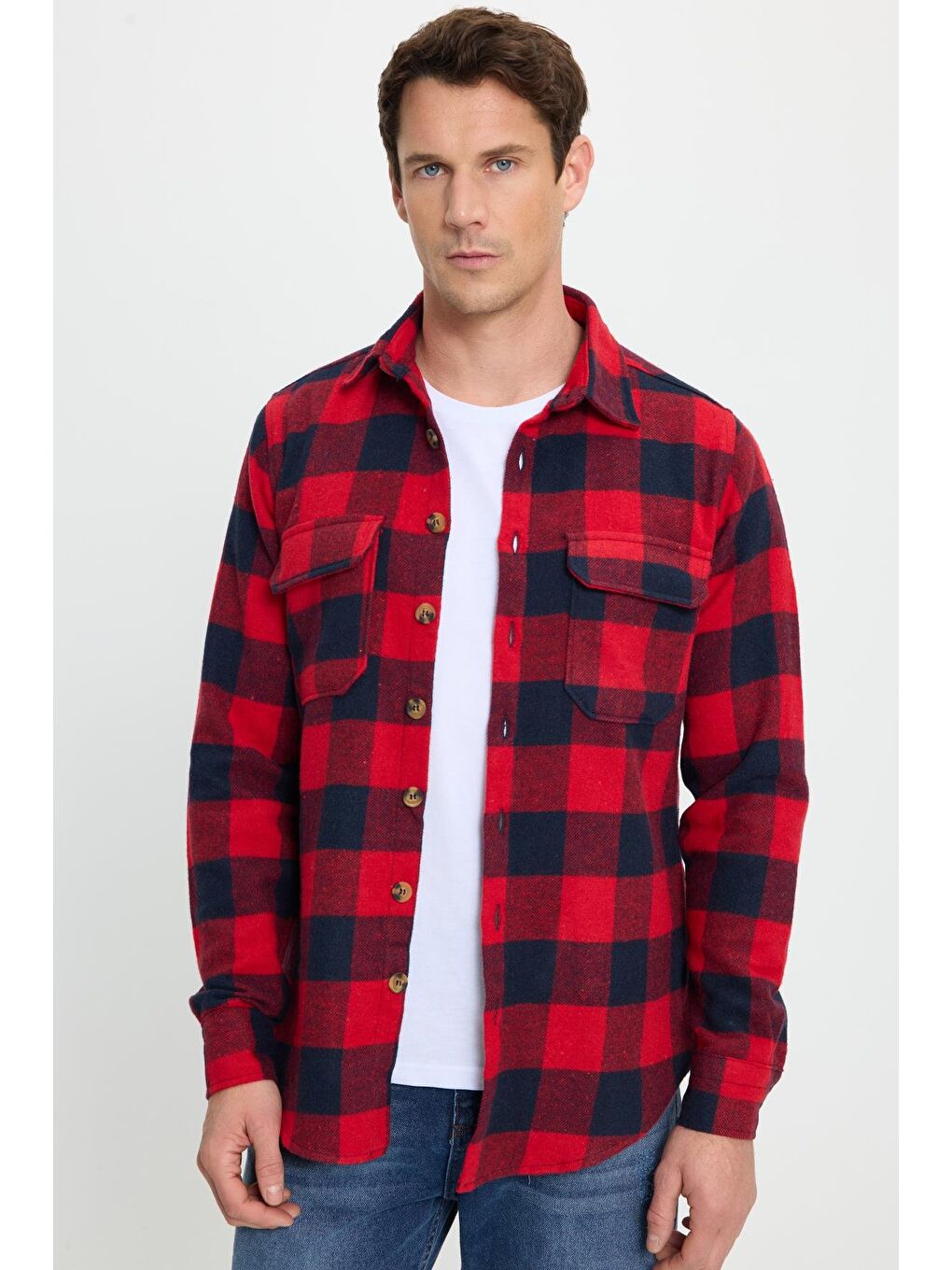 Karışık Erkek Slim Fit Dar Kesim Uzun Kollu Kapaklı Çift Cepli Kareli Kışlık Oduncu Gömlek-4