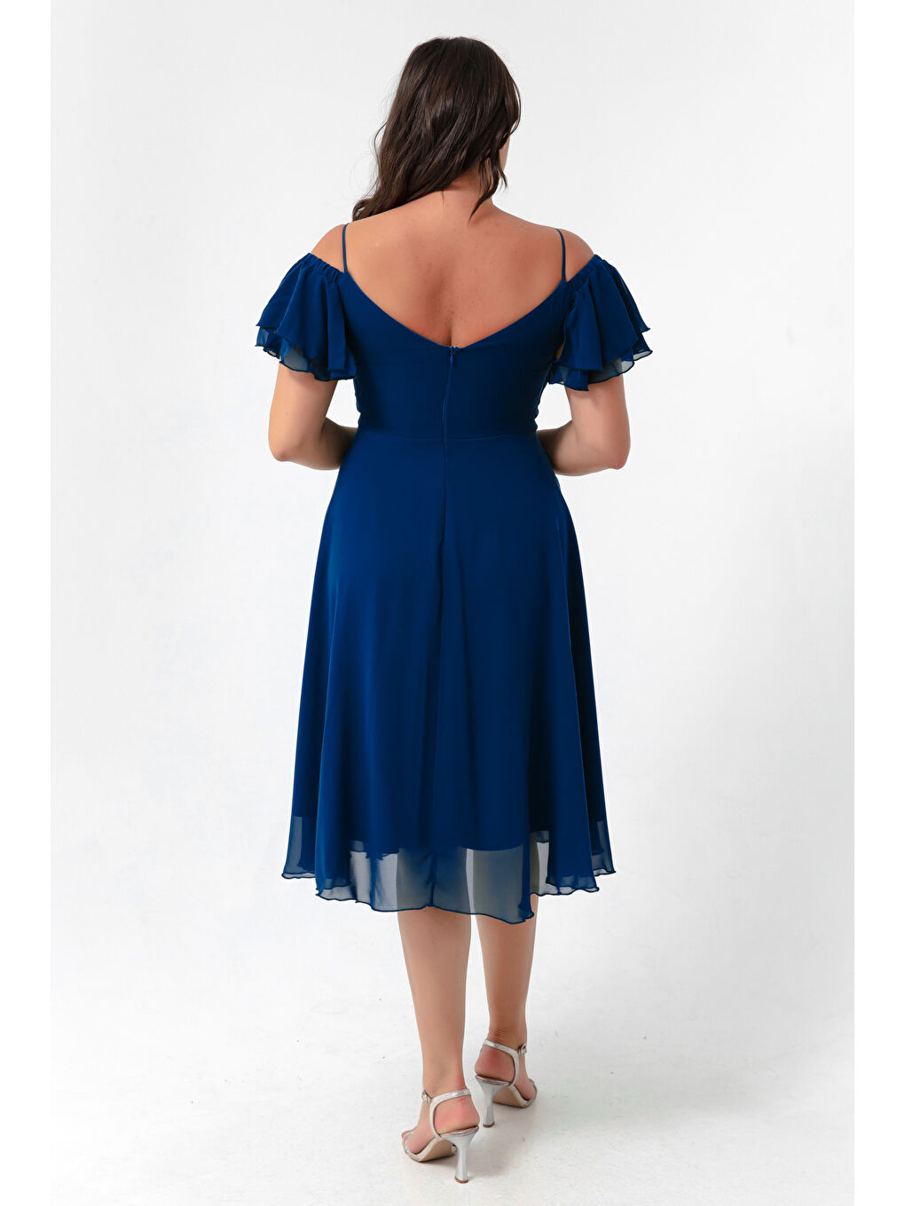 Mavi Kadın Saks Askılı Kloş Kesim Midi Büyük Beden Abiye Elbise-4