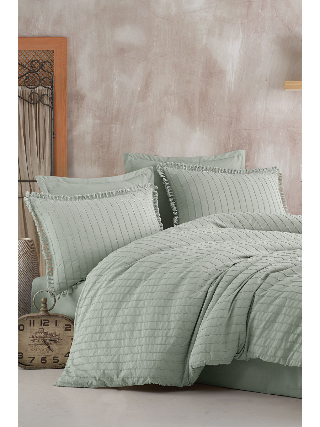 Yeşil %100 Pamuk Tek Kişilik Püsküllü Nevresim Seti Estina Ada Çayı-1