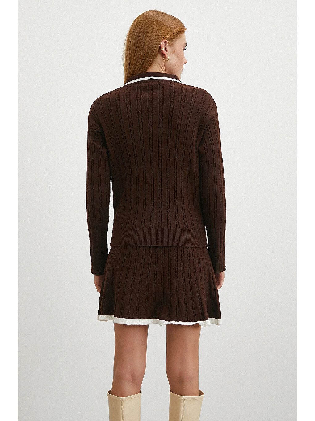 Karışık Polo Yaka Etekli Takım Kahve-5