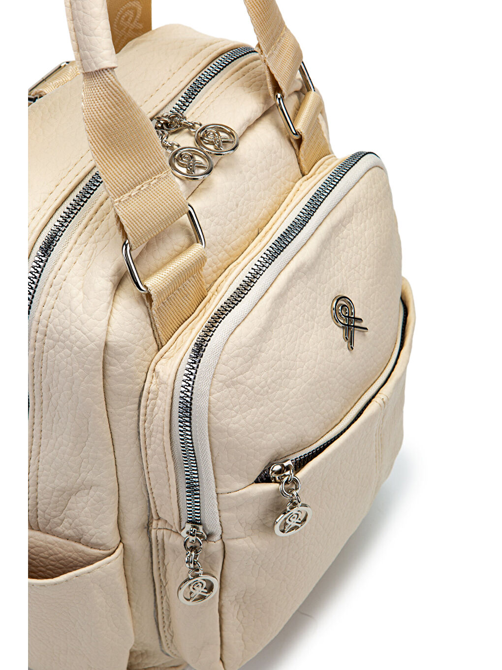 Ekru Çok Gözlü Suni Deri Bucky Sırt Çanta Krem-2