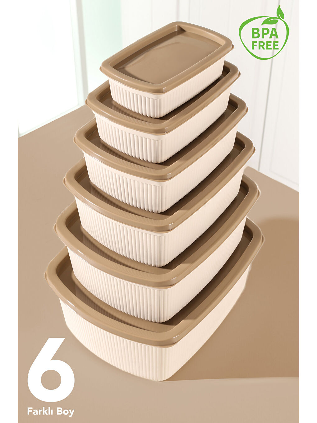 Bej 18'li Çizgili Dikdörtgen Gıda Saklama Kabı Seti-2