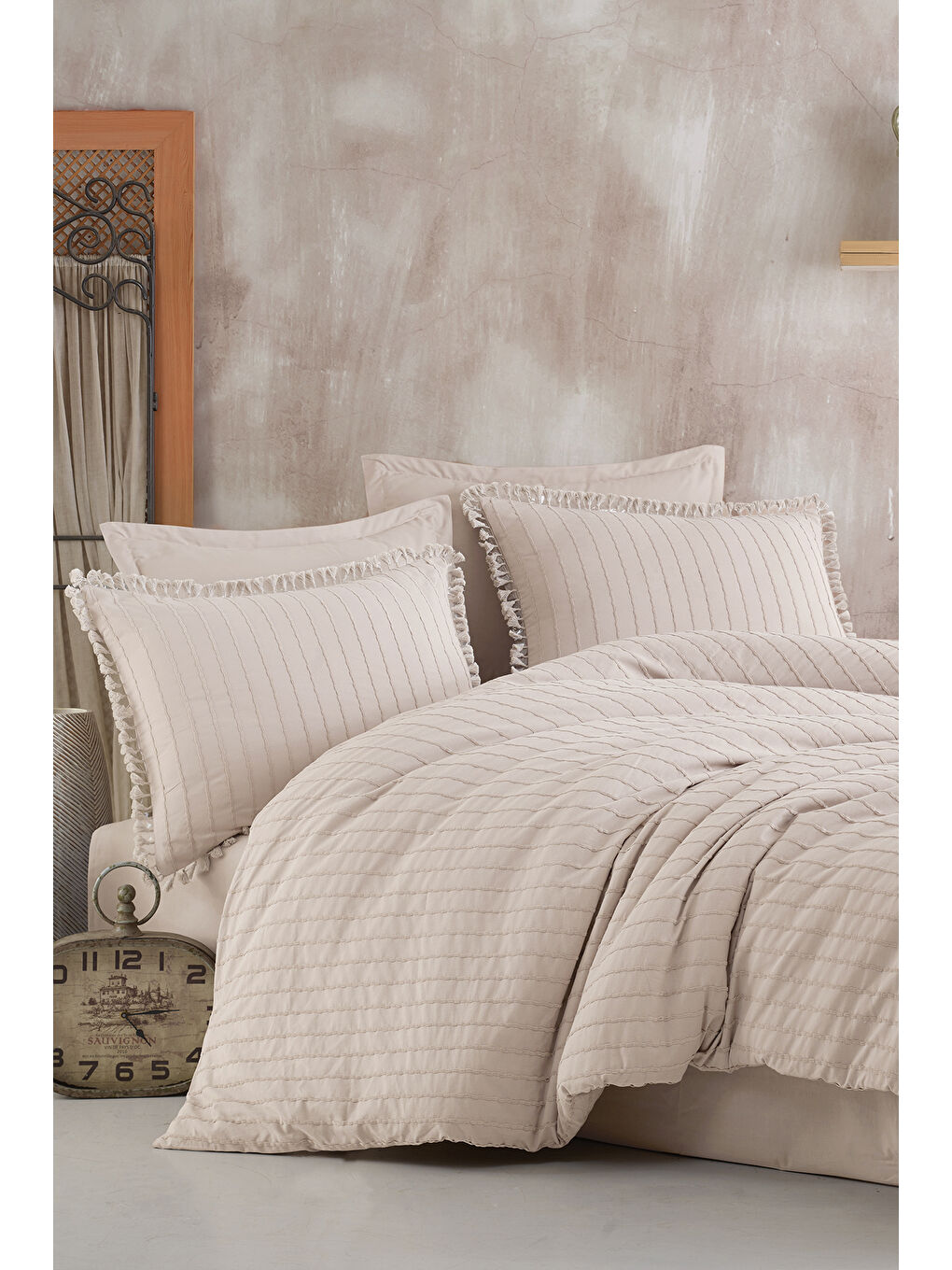 Bej %100 Pamuk Tek Kişilik Püsküllü Nevresim Seti Estina Taş Rengi-1
