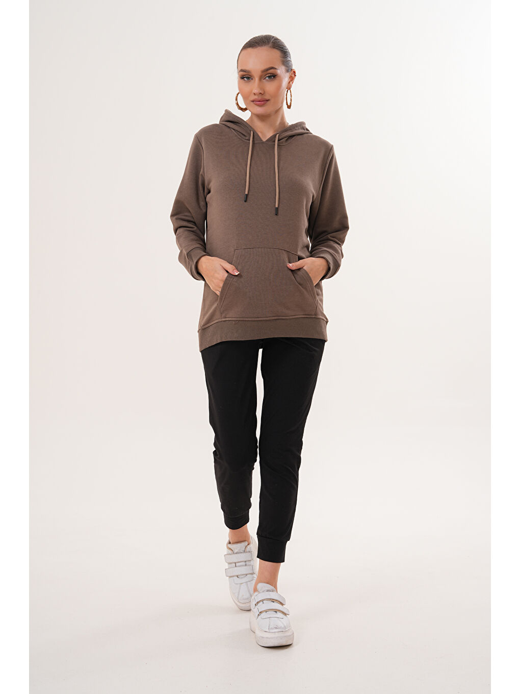 Kahverengi %100 Pamuk Hamile ve Lohusa Basic Kapüşonlu Sweatshirt