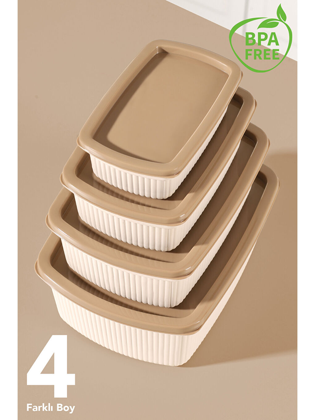 Bej 12'li Çizgili Dikdörtgen Gıda Saklama Kabı Seti-2