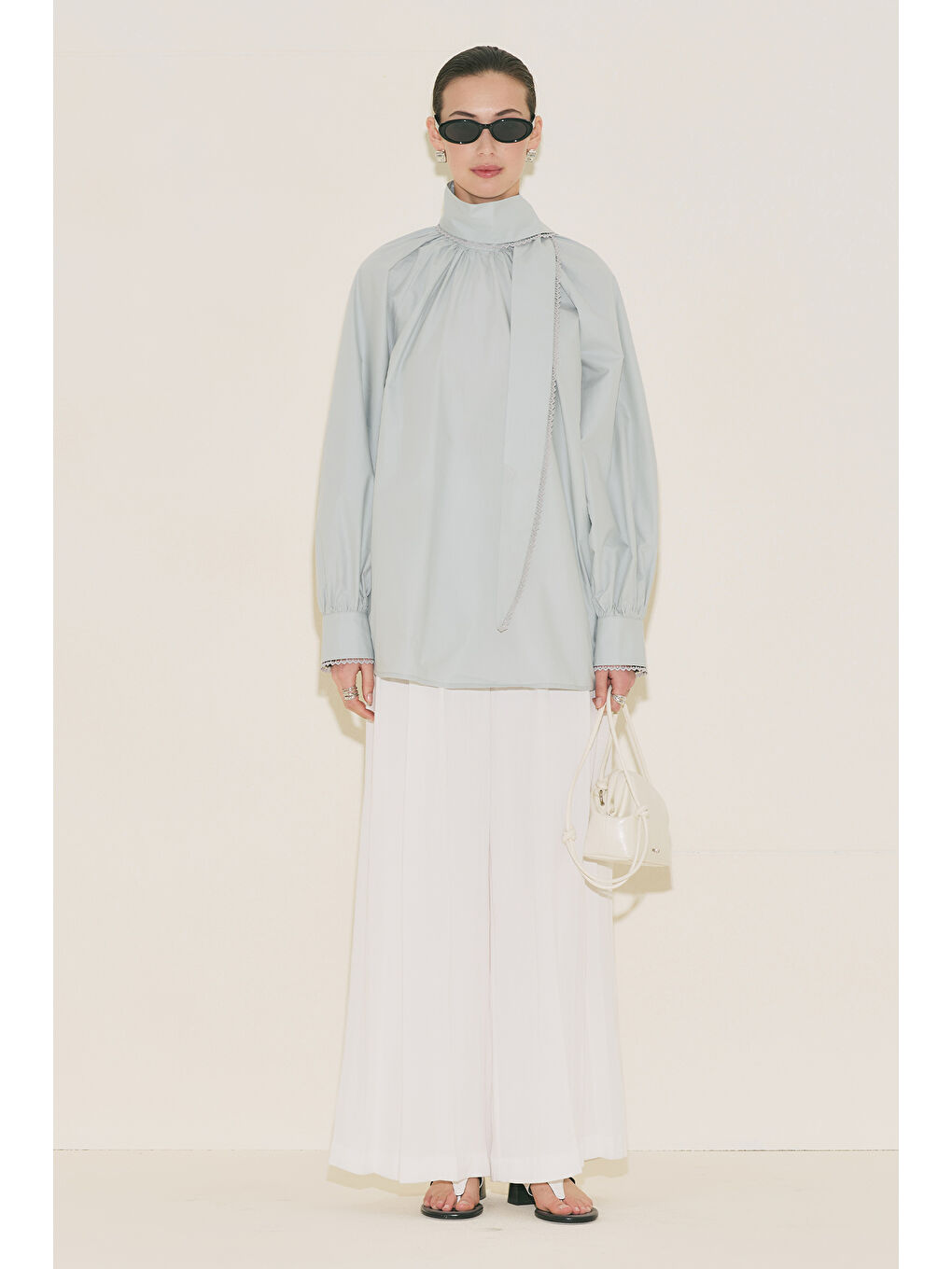 Bağlama Yaka Bluz Mavi