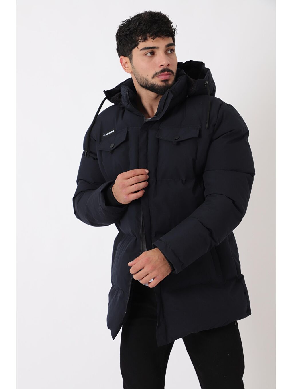 Lacivert Göğüs Cepli İçi Kürklü Uzun Şişme Mont PLDP 2957_50456