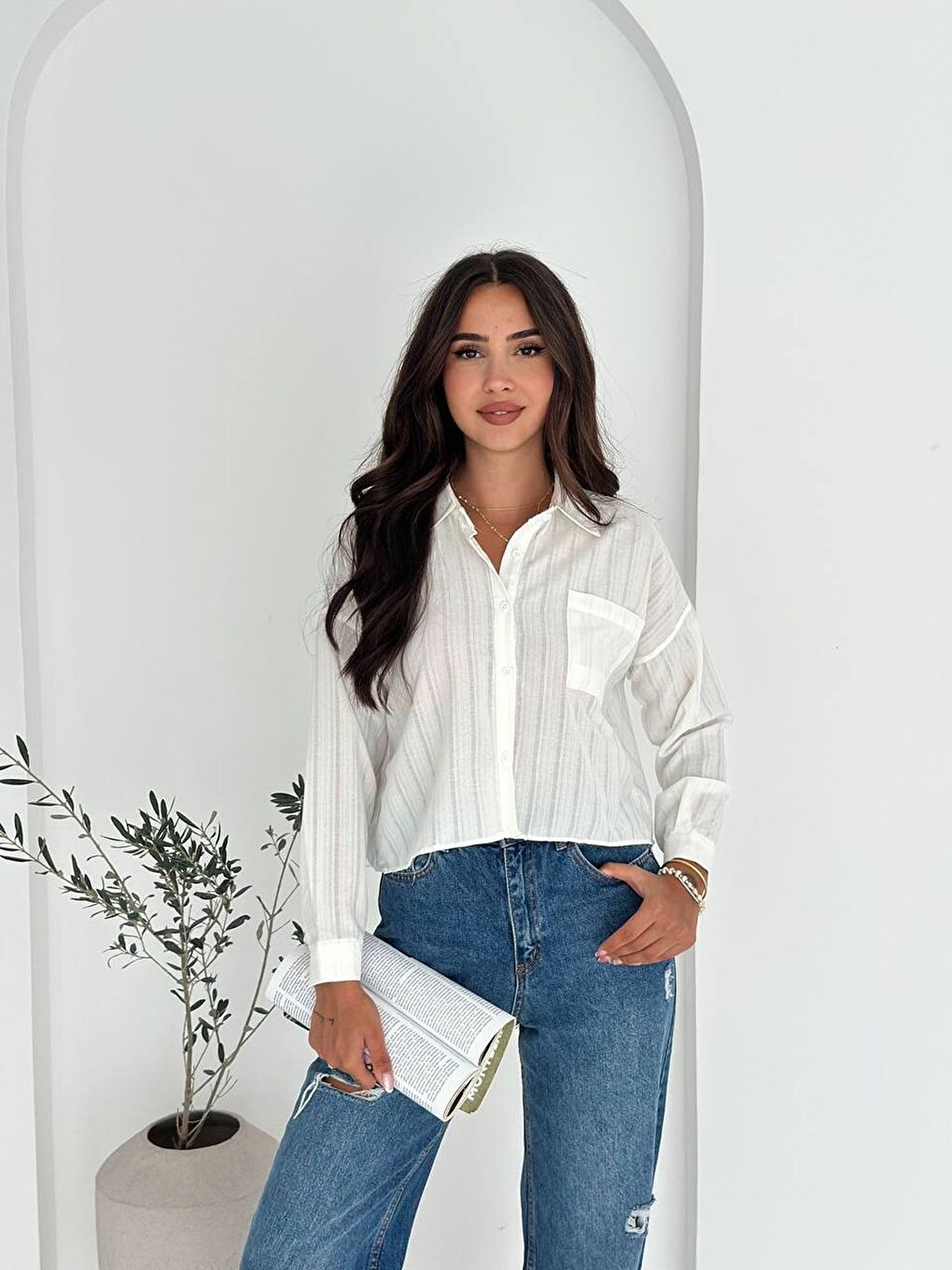 Kadın Beyaz Çizgili Salaş Gömlek