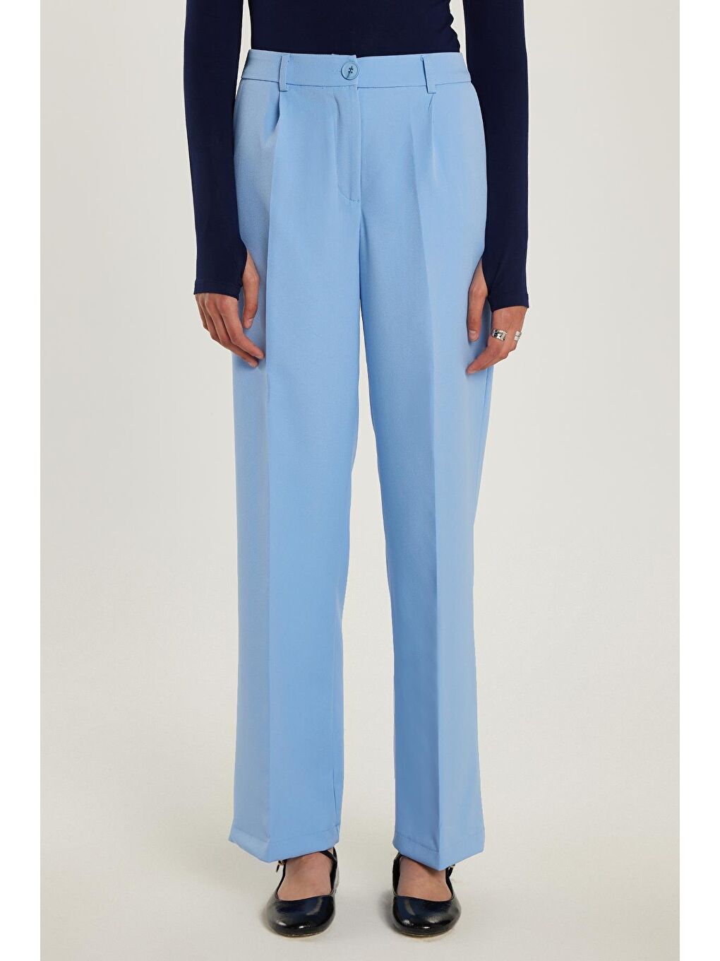 Kadın Relax Fit Rahat Kesim Cepli Palazzo Geniş Paça Mavi Pantolon