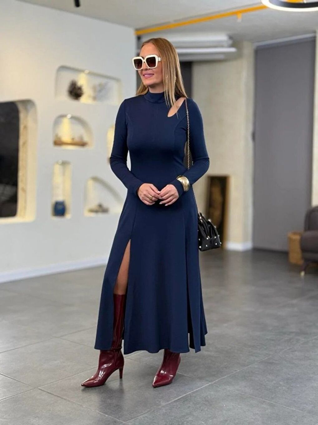 Lacivert Kadın Balıkçı Yaka Damla Detaylı Yırtmaçlı Uzun Viskon Iki Iplik Maxi Elbise