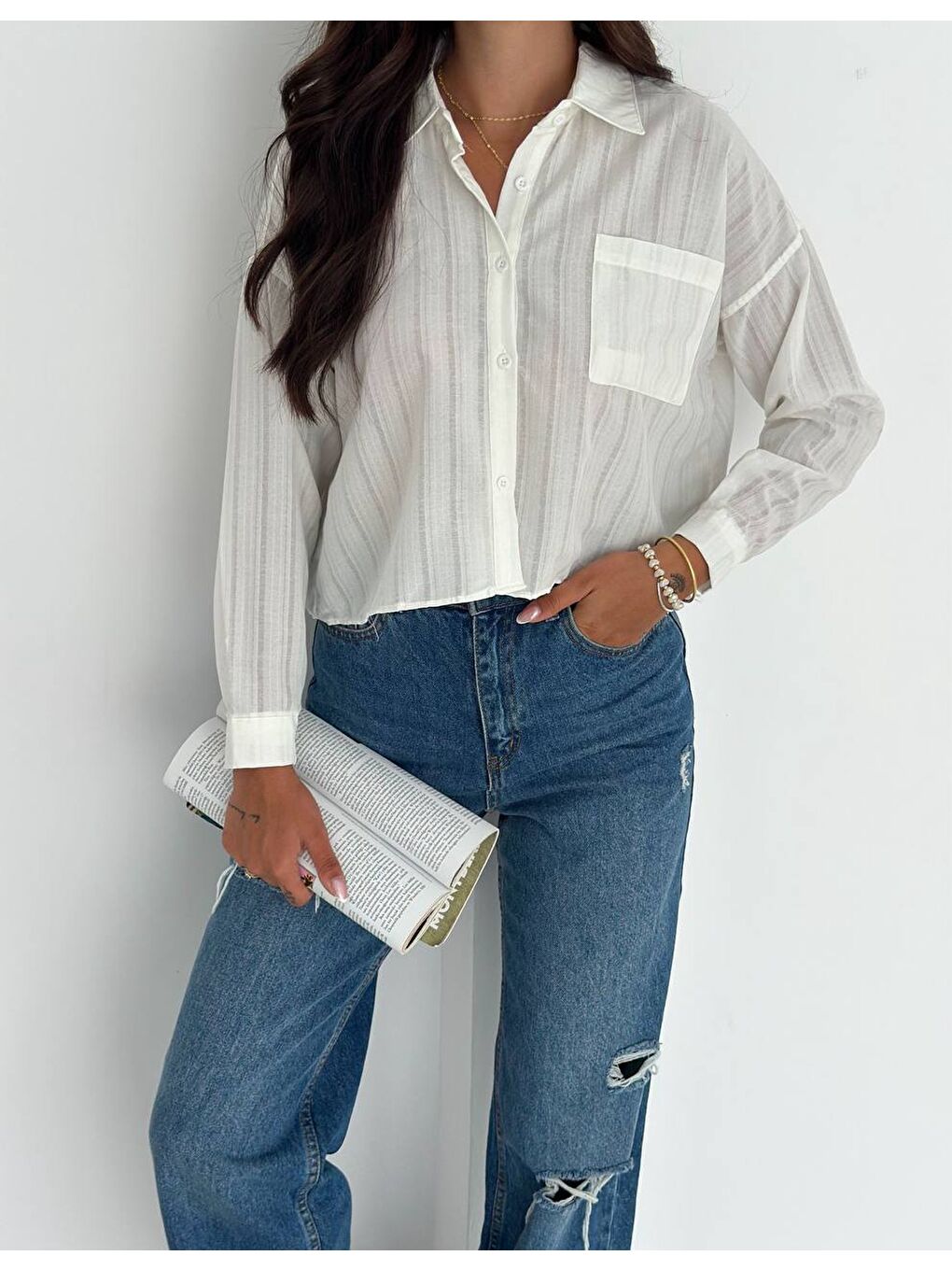Kadın Beyaz Çizgili Salaş Gömlek-2