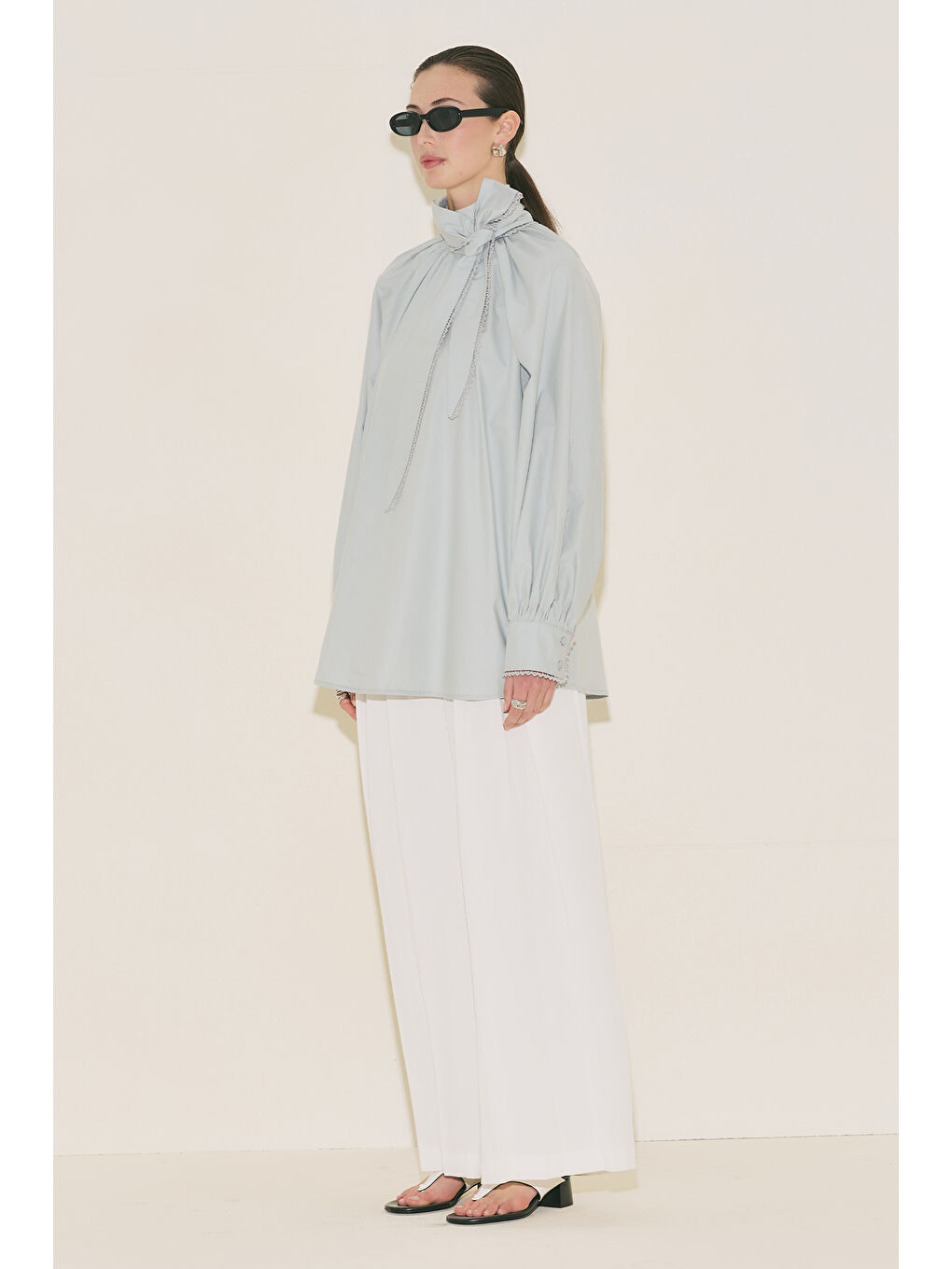 Bağlama Yaka Bluz Mavi-4