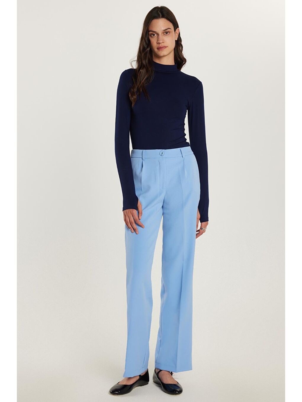 Kadın Relax Fit Rahat Kesim Cepli Palazzo Geniş Paça Mavi Pantolon-1