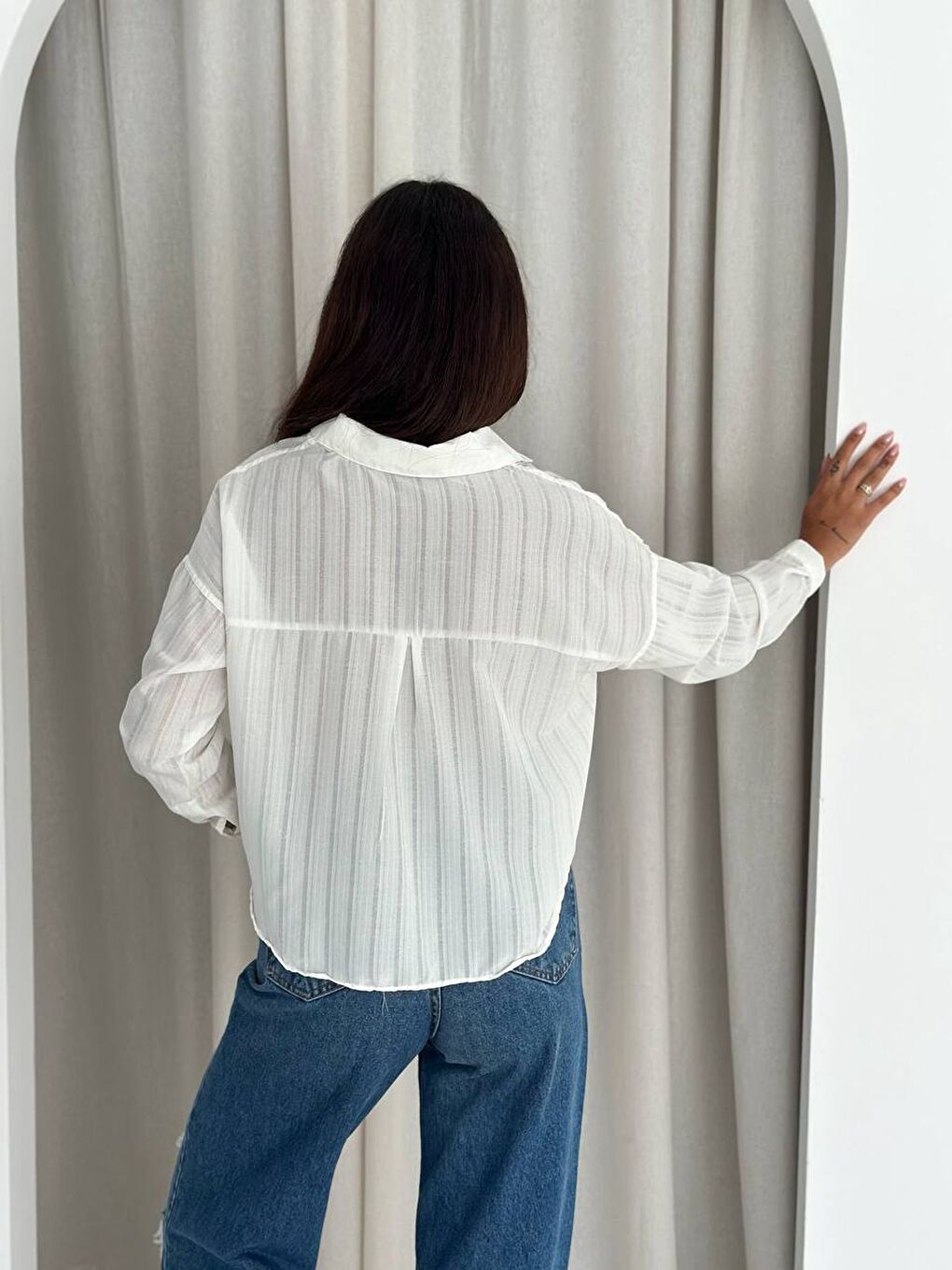 Kadın Beyaz Çizgili Salaş Gömlek-3