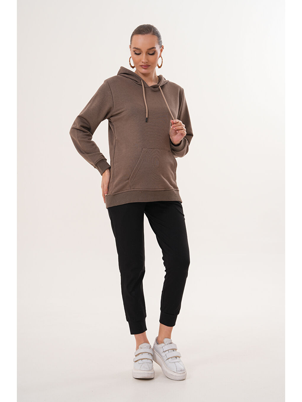 Kahverengi %100 Pamuk Hamile ve Lohusa Basic Kapüşonlu Sweatshirt-1