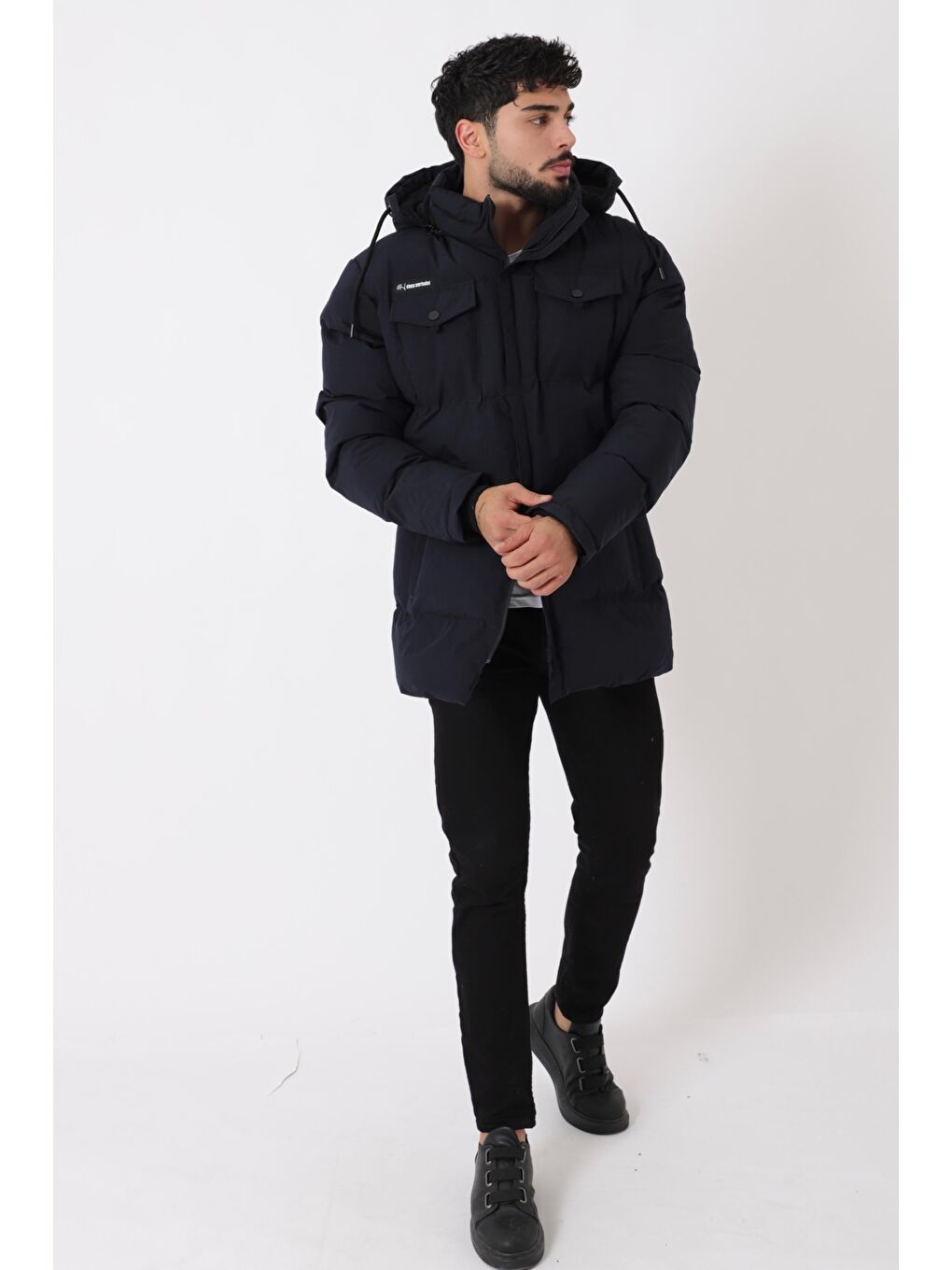 Lacivert Göğüs Cepli İçi Kürklü Uzun Şişme Mont PLDP 2957_50456-1