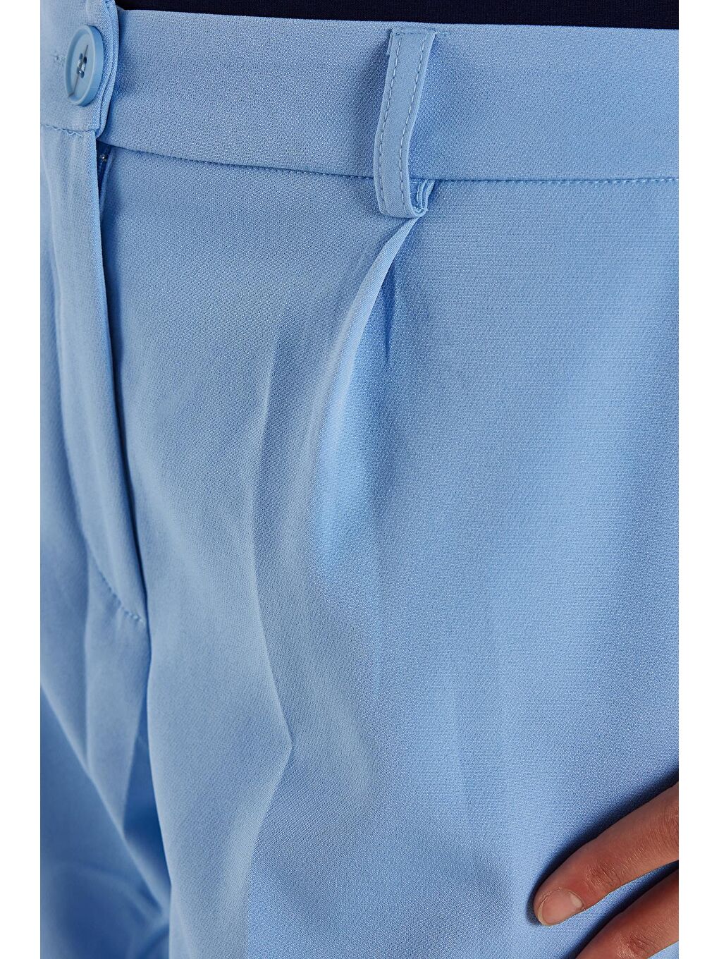 Kadın Relax Fit Rahat Kesim Cepli Palazzo Geniş Paça Mavi Pantolon-2