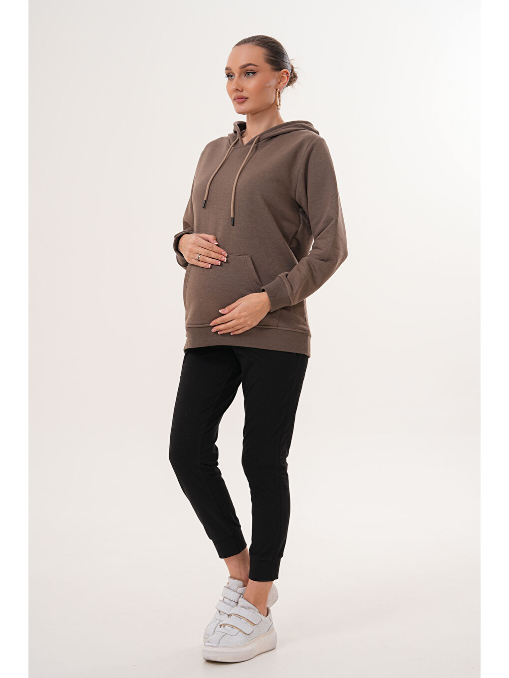 Kahverengi %100 Pamuk Hamile ve Lohusa Basic Kapüşonlu Sweatshirt-2
