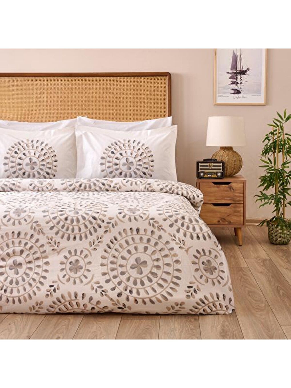 Soft Butas Çift Kişilik Nevresim Takımı - Ekru / Gri