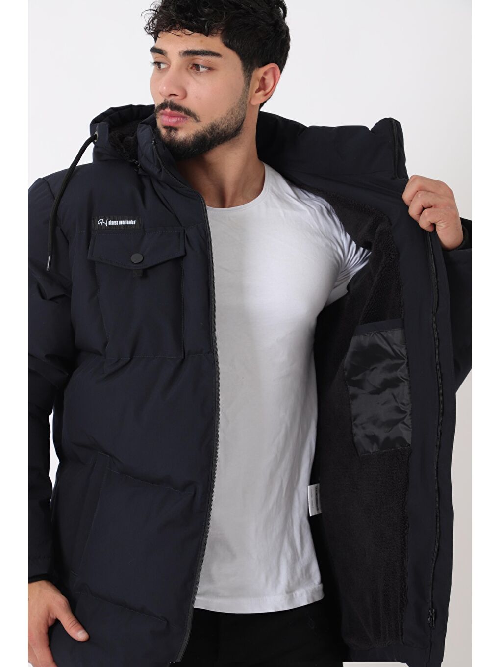 Lacivert Göğüs Cepli İçi Kürklü Uzun Şişme Mont PLDP 2957_50456-2