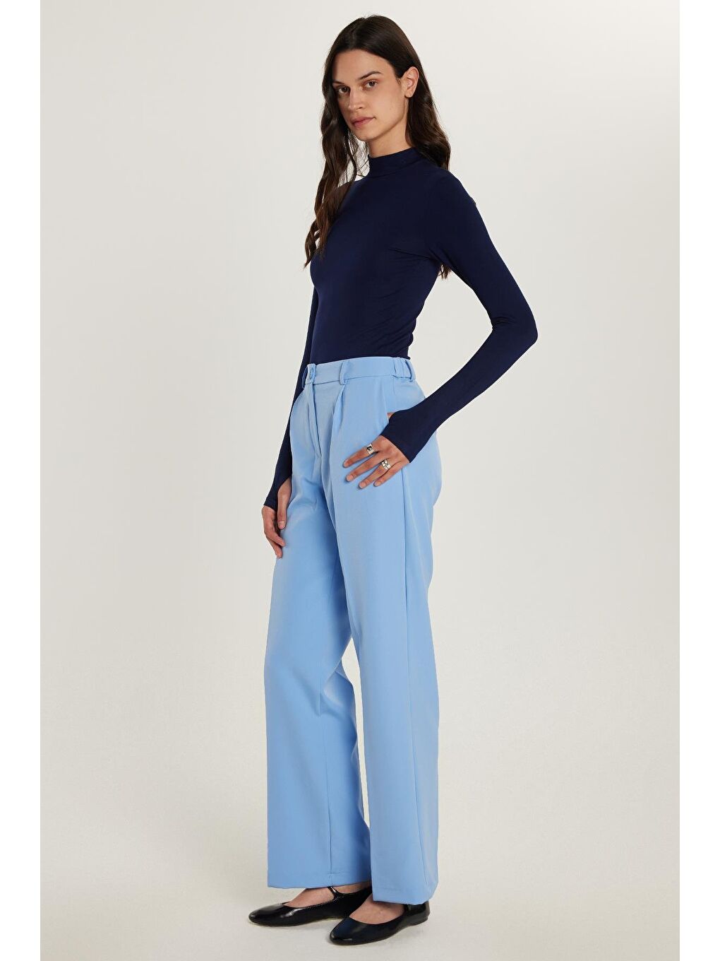 Kadın Relax Fit Rahat Kesim Cepli Palazzo Geniş Paça Mavi Pantolon-3