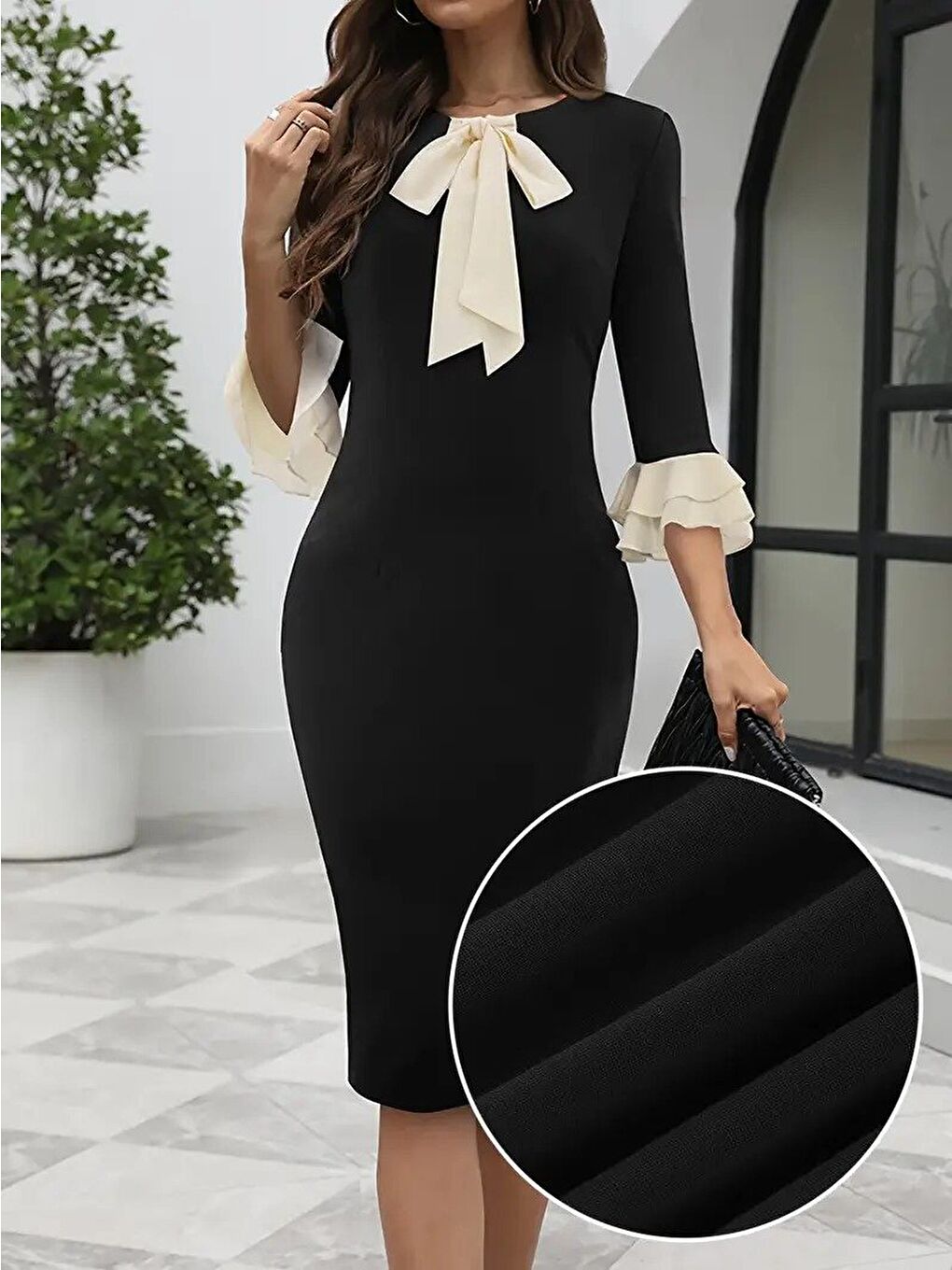 Siyah Kadın Truvakar Kollu Fiyonk Yakalı Midi Ithal Krep Elbise