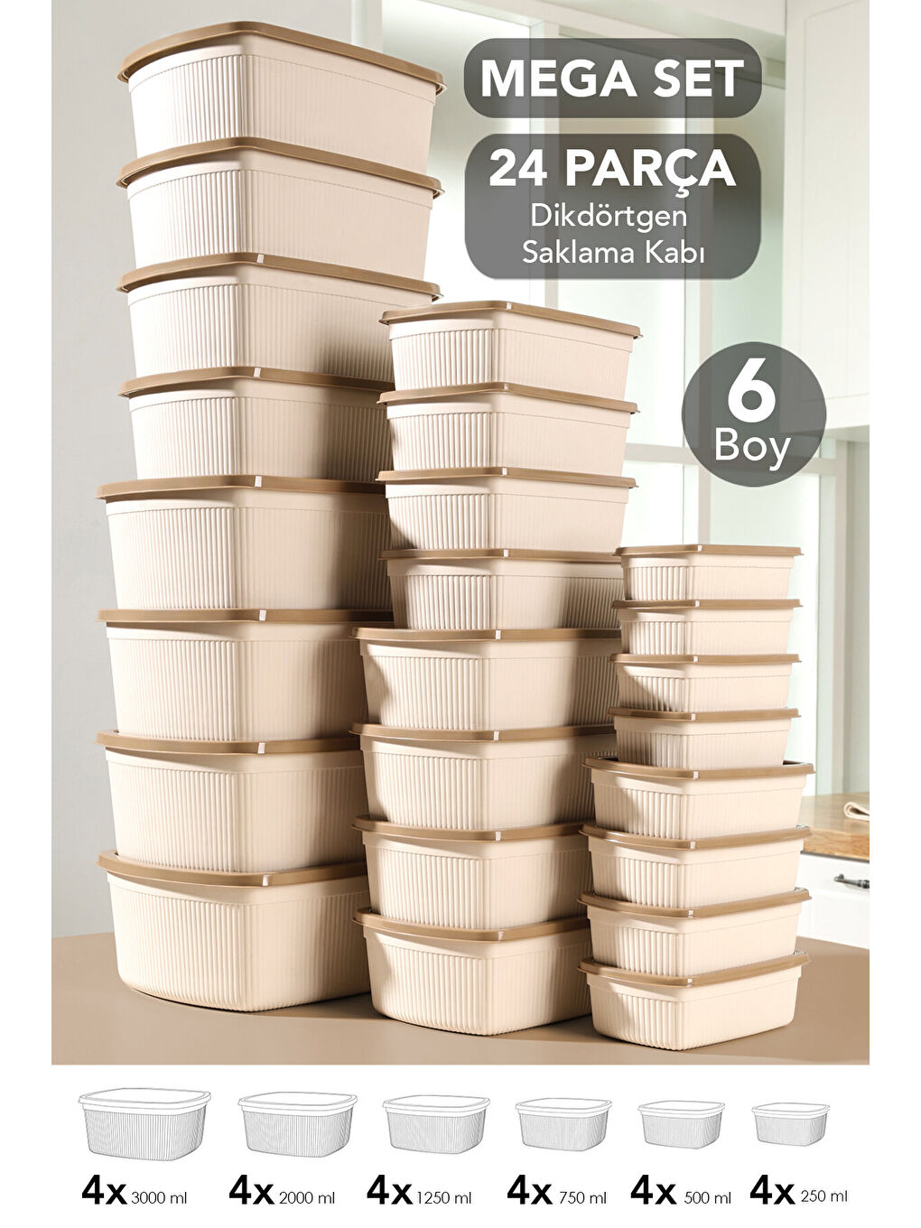 Bej 24'lü Çizgili Dikdörtgen Gıda Saklama Kabı Seti