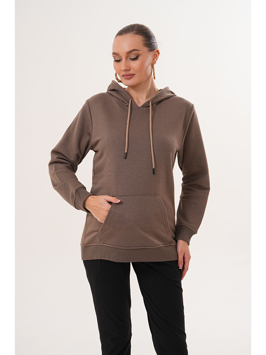 Kahverengi %100 Pamuk Hamile ve Lohusa Basic Kapüşonlu Sweatshirt-3
